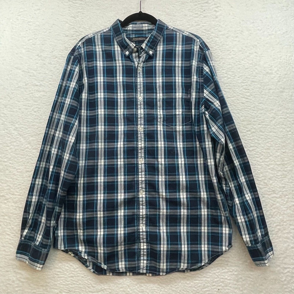Banana Republic Shirt Mens Extra Large Blue Pinpoint Oxford Grant Plaid Tartan